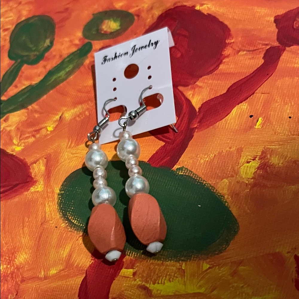 Fashion Jewelry Terracotta and Pearl Drop Earrings
